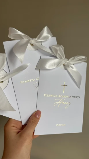 Zaproszenia na Komunię Lenka - druk złoty mieniący się, koperta