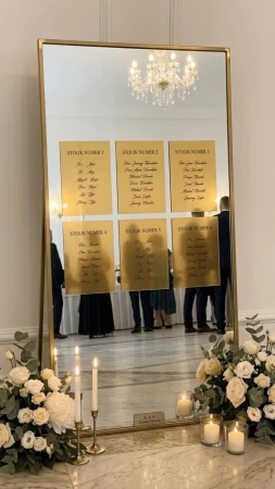 Plan stołów weselnych Złote Lustro Glamour – karty do przyklejenia A4